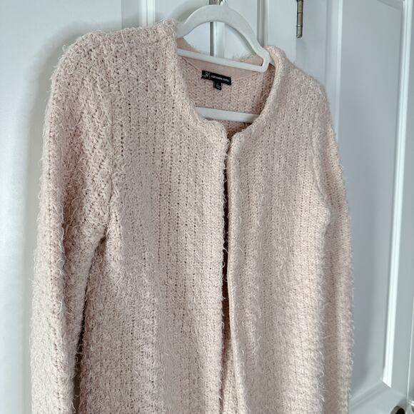 ADRIANNA PAPELL Blush Pink Open Front Clasp Fuzzy Knit Cardigan Sweater | Large - Picture 9 of 9
